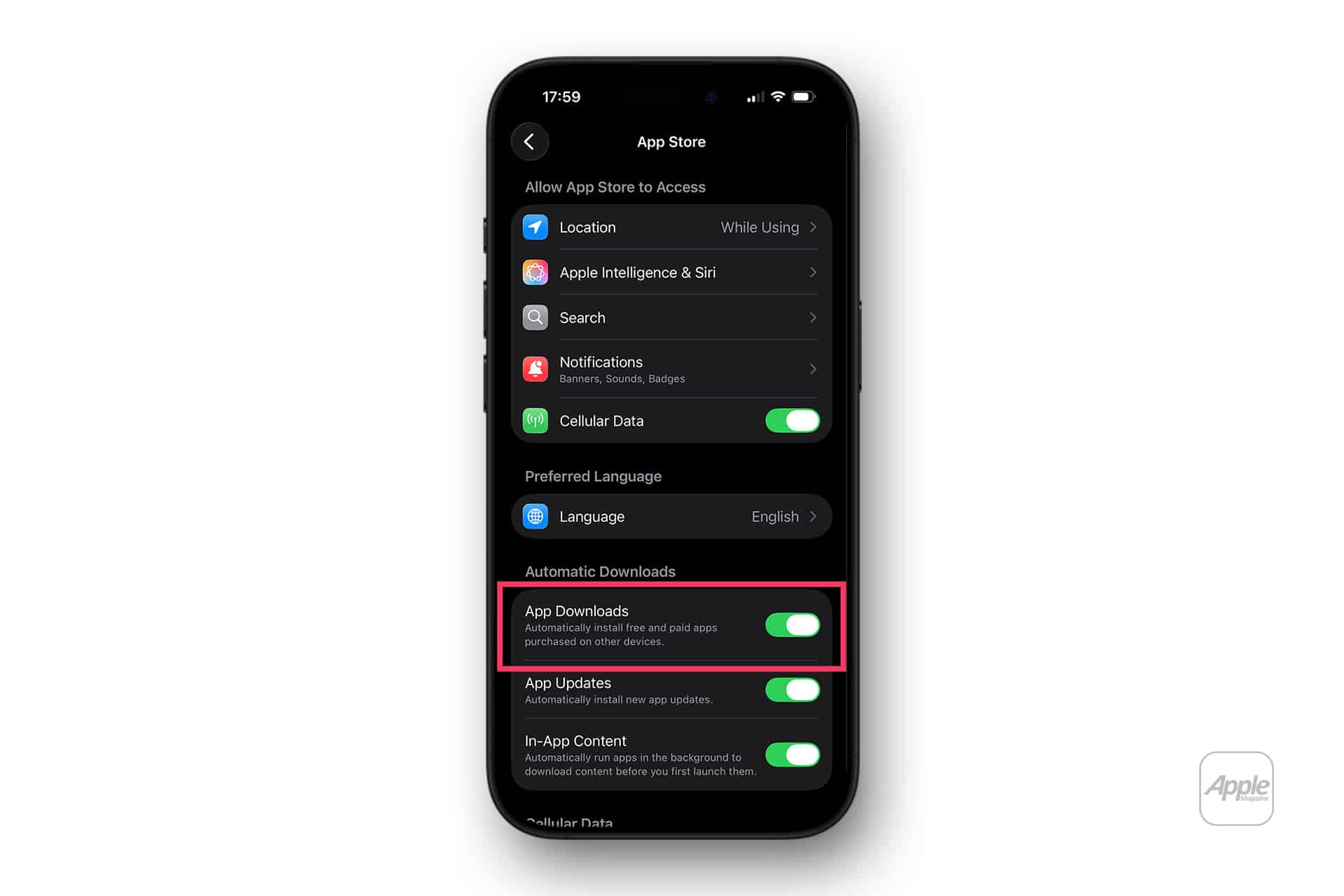 An iPhone screen shows App Store settings with the "App Downloads" option turned on, highlighted in a pink box. The description reads: "Automatically install free and paid apps or receive iPhone App Updates purchased on other devices.