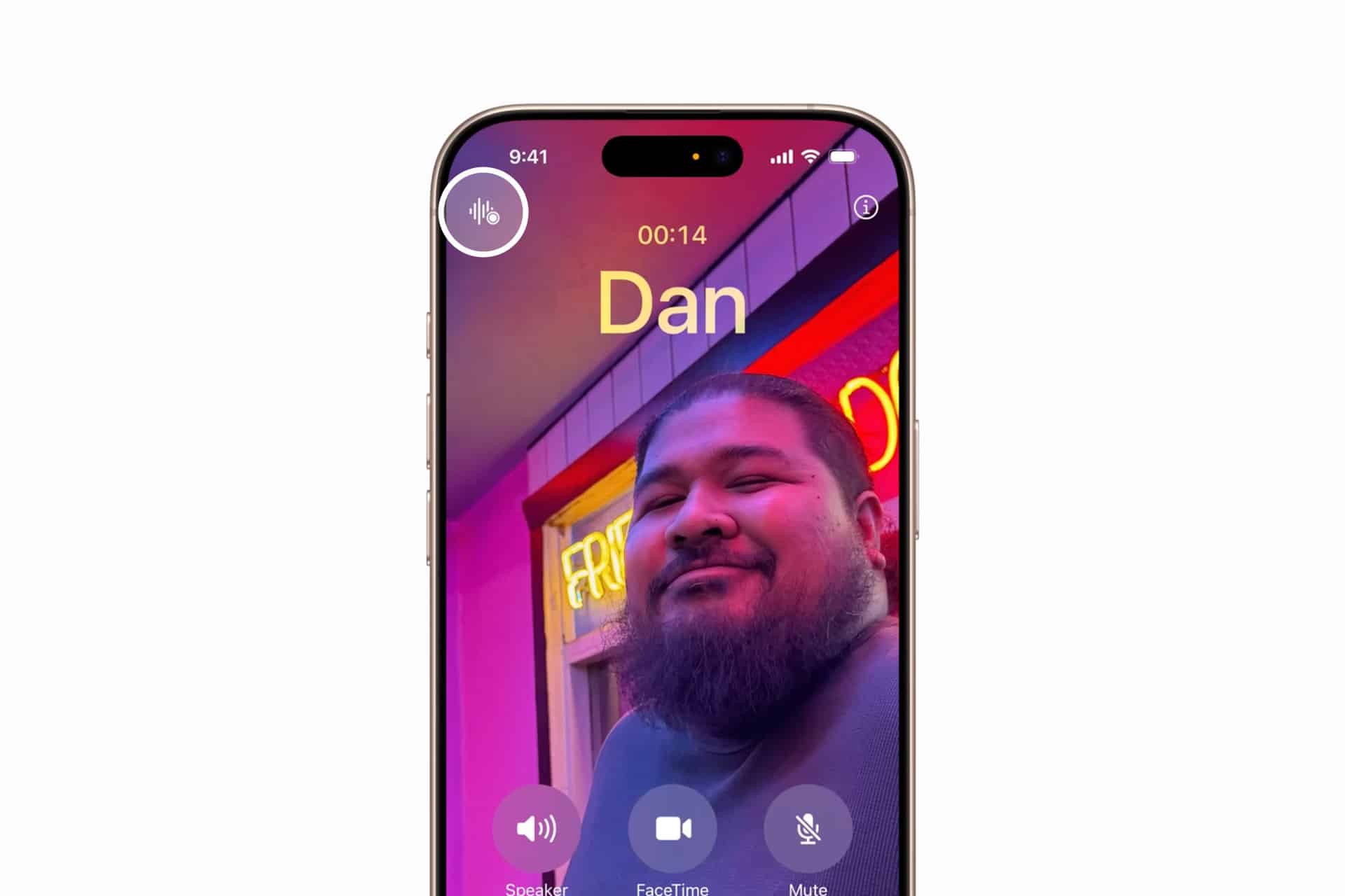 A smartphone screen displays an iPhone Call Recording during a FaceTime chat with Dan, who has a beard and is smiling in front of neon lights. Call controls and a timer are visible on the screen.