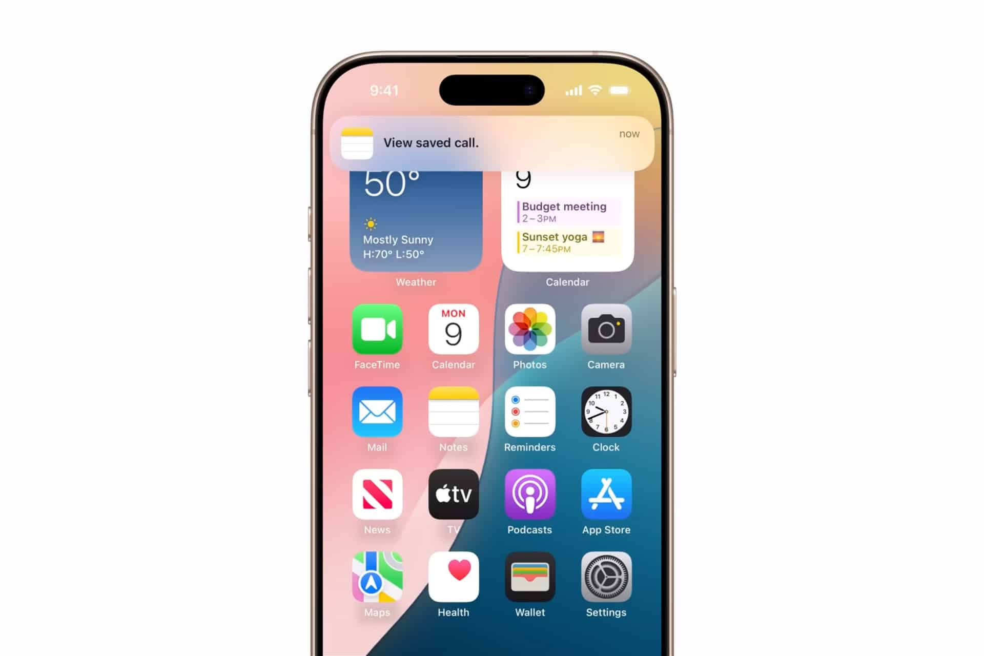 An iPhone screen displays home apps and a notification at the top that says “View saved call,” highlighting iPhone Call Recording. The background shows weather, calendar events, and the time is 9:41.