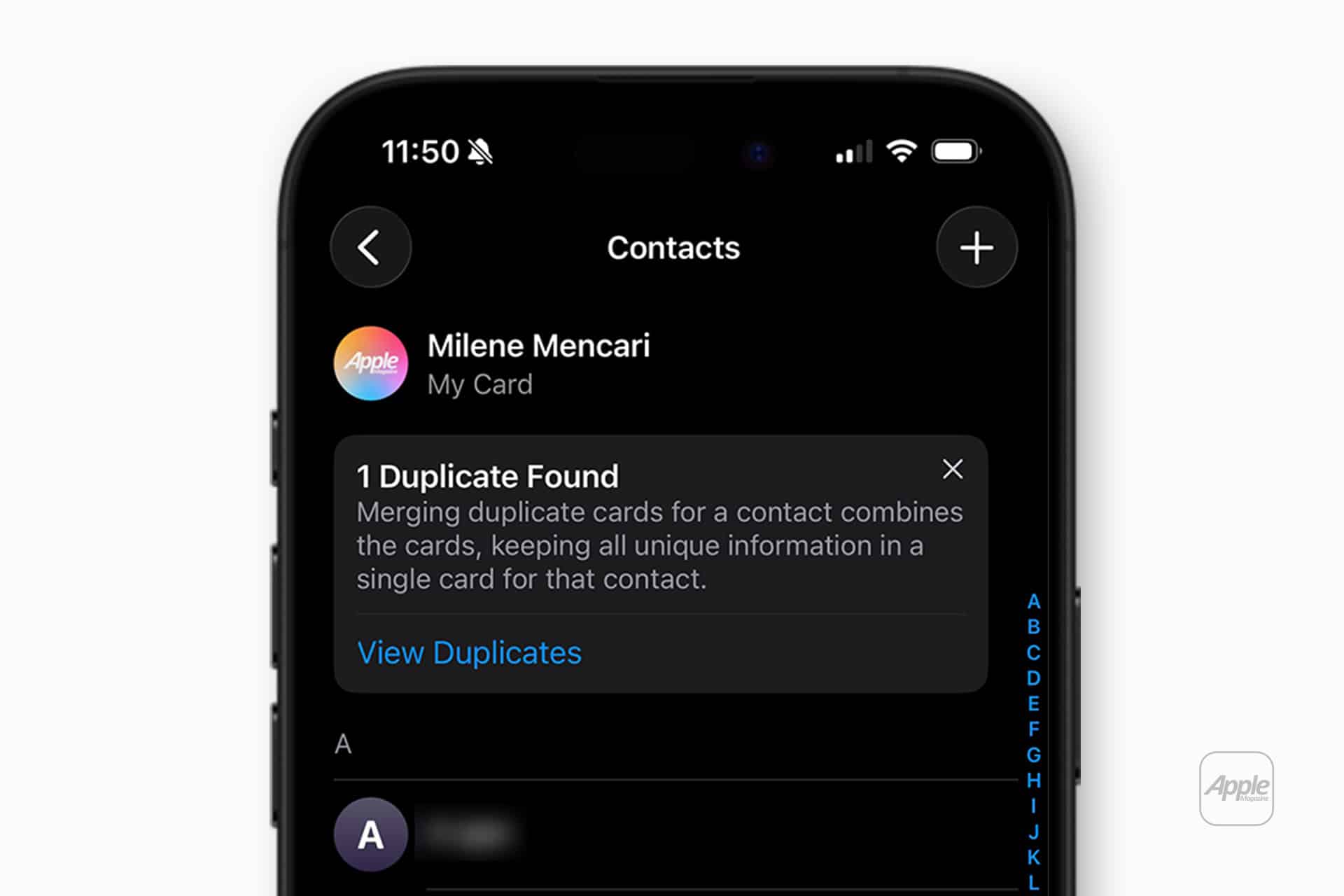 A smartphone screen displays the Contacts app with a prompt stating “1 Duplicate Found” for Milene Mencari. Options such as iPhone Contact Merge and viewing duplicates are visible to help users manage their contacts efficiently.