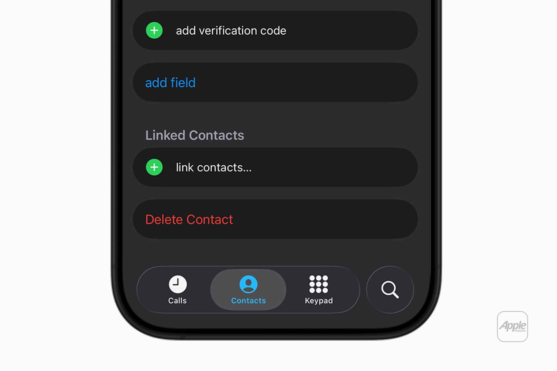 A smartphone screen shows the Contacts tab selected at the bottom, with options to add verification code, add field, iPhone Contact Merge, link contacts, and delete contact. The Apple logo appears in the lower-right corner.