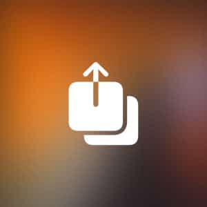 White icon with an upward arrow above two overlapping rectangles, centered on a blurred orange and brown background. "Apple" logo is in the lower right corner, symbolizing iPhone Data Transfer.