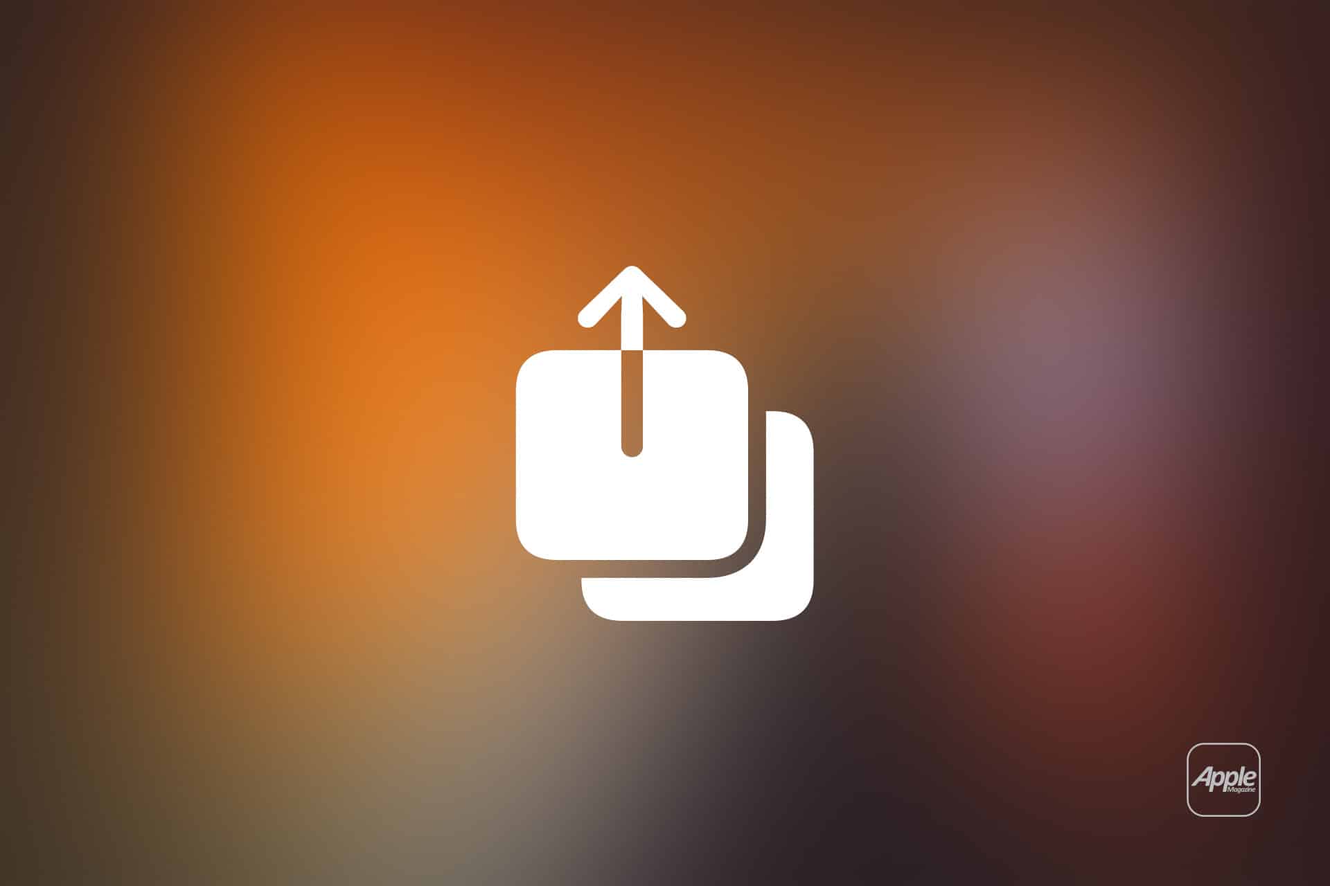 White icon with an upward arrow above two overlapping rectangles, centered on a blurred orange and brown background. "Apple" logo is in the lower right corner, symbolizing iPhone Data Transfer.
