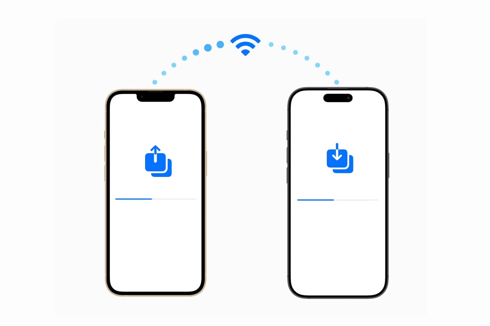 Two smartphones with progress bars exchange data wirelessly. The left displays an upload icon, the right a download icon. Blue dotted lines and a Wi-Fi symbol illustrate iPhone Data Transfer between devices.