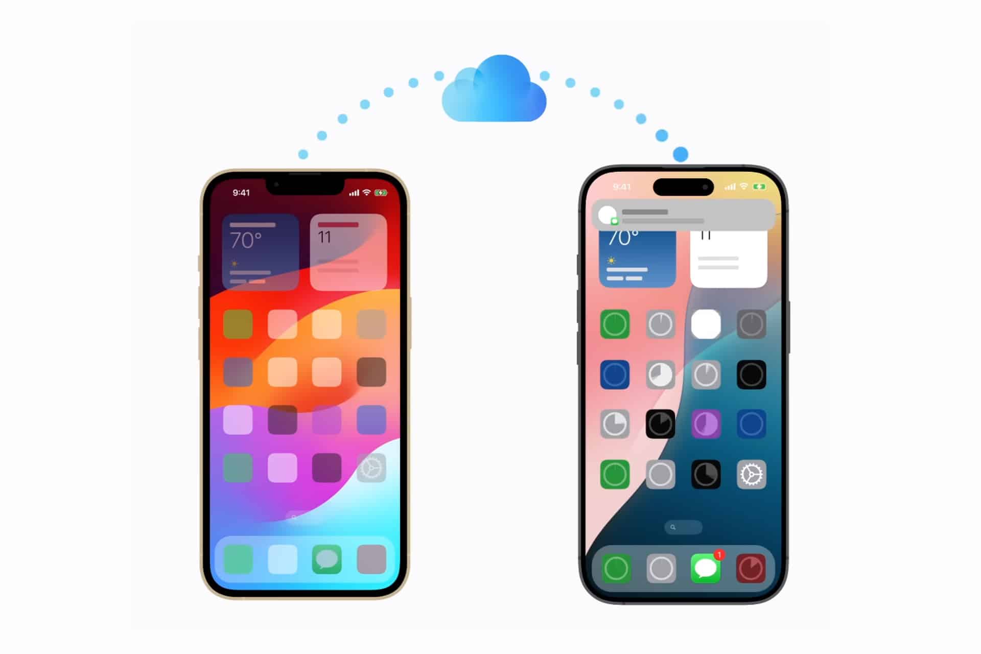 Two smartphones with app icons displayed on their screens are shown side by side. An iCloud icon and dotted arrow appear above, highlighting seamless iPhone Data Transfer or synchronization between the two devices.
