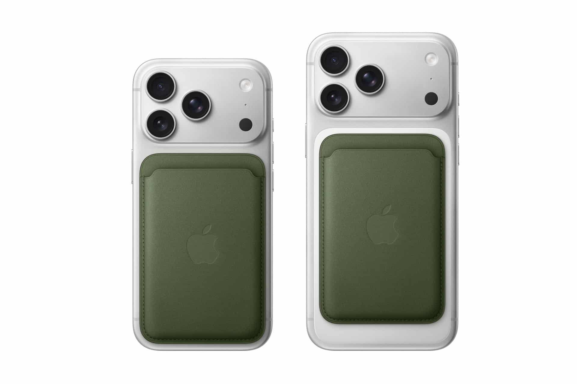 Two white smartphones with triple rear cameras, each attached to a green Apple MagSafe wallet on the back. Use MagSafe Wallet Find to easily locate your wallet. The phones are shown side by side against a white background.