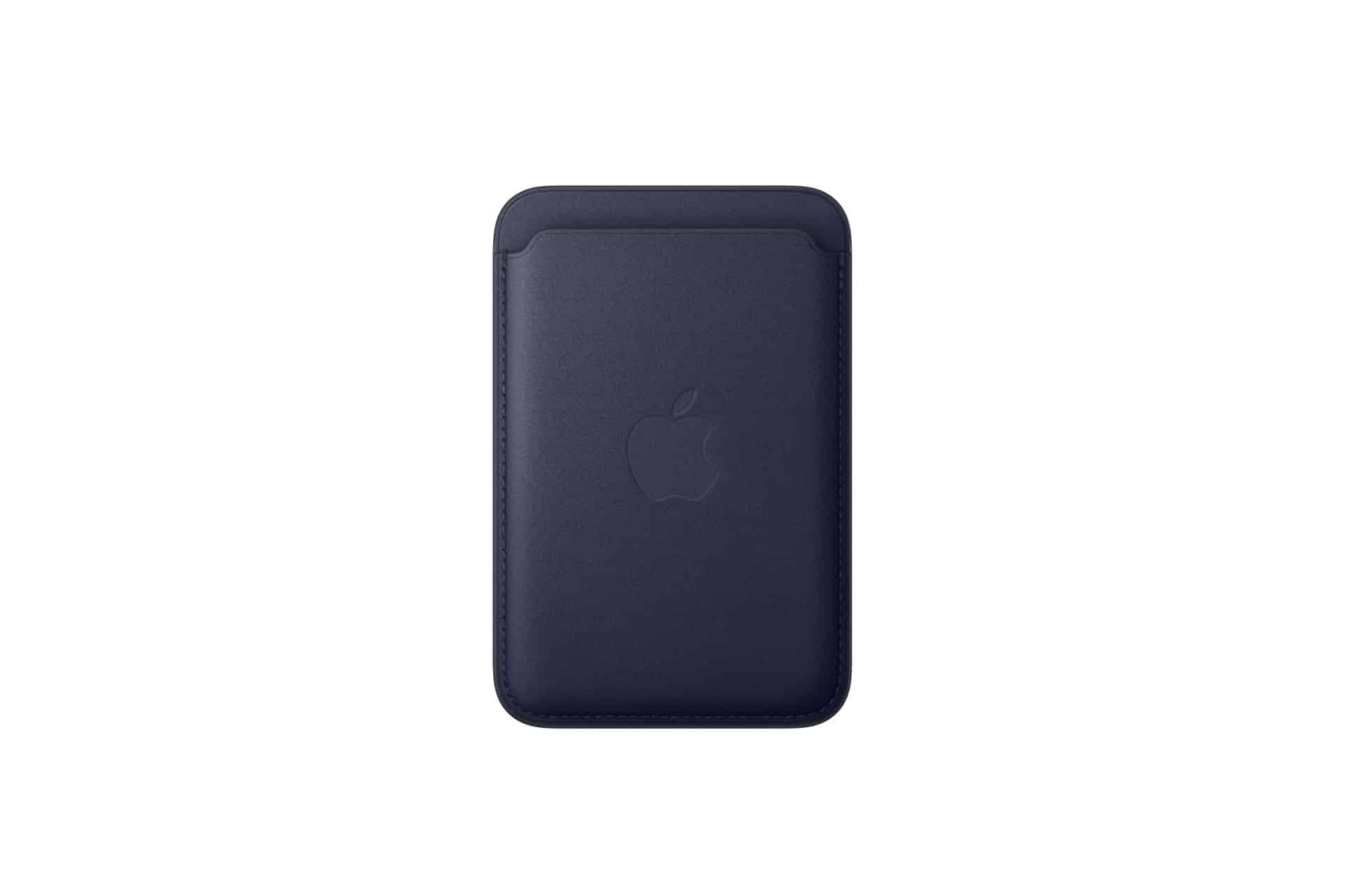 A dark blue Apple MagSafe leather wallet, featuring the Apple logo embossed in the center and MagSafe Wallet Find support, shown against a white background.