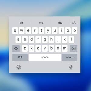 An on-screen Apple keyboard is displayed against a blurred blue gradient background, showing QWERTY layout with gray and white keys, including “space,” “return,” and “123” buttons—perfect for exploring iPhone keyboard tips.