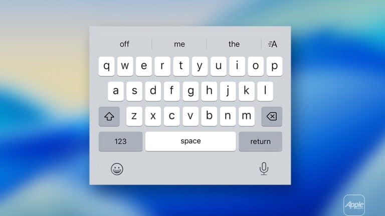 An on-screen Apple keyboard is displayed against a blurred blue gradient background, showing QWERTY layout with gray and white keys, including “space,” “return,” and “123” buttons—perfect for exploring iPhone keyboard tips.