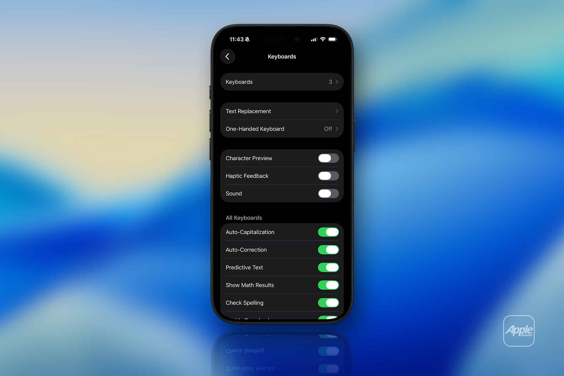 A smartphone displays the Keyboard settings menu in dark mode, revealing iPhone keyboard tips like Text Replacement, Haptic Feedback, Auto-Correction, and Spell Check toggles. An Apple logo is visible in the corner.