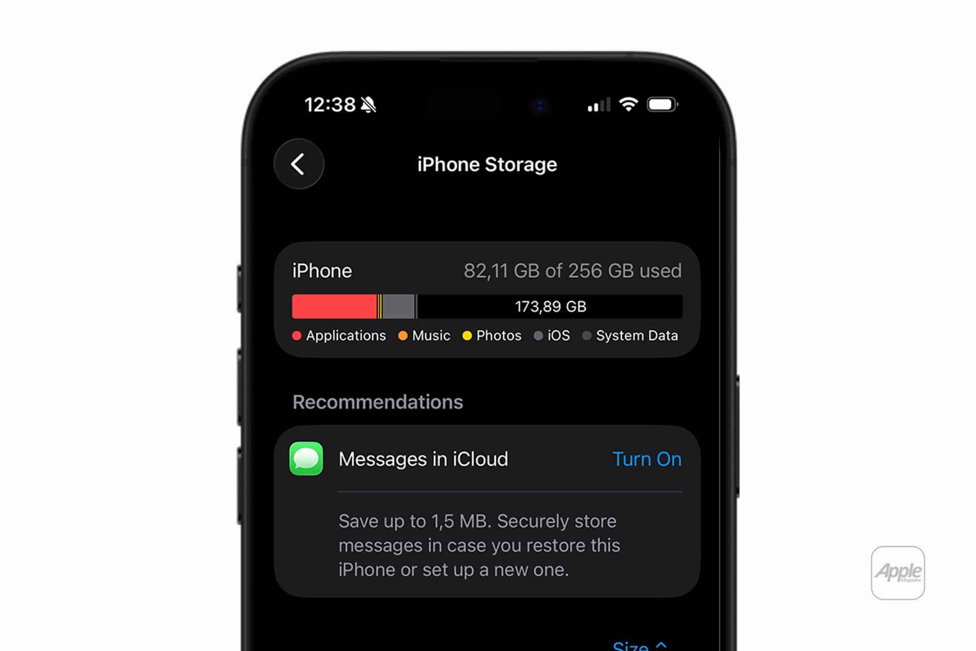 IPhone screen showing storage usage: 82.11 GB of 256 GB used. A bar graph displays usage by category—applications, music, iPhone Call Recording, photos, iOS, and system data. A recommendation to turn on Messages in iCloud appears below.