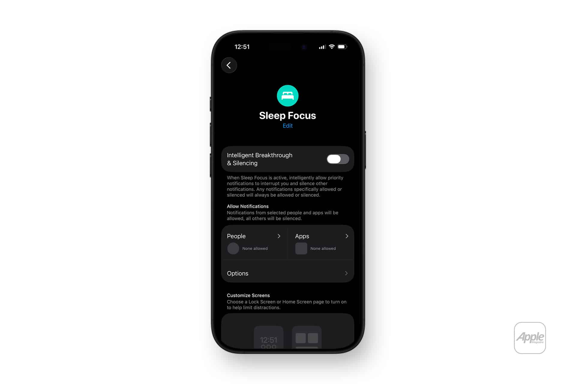 A smartphone screen displays the Sleep Focus settings, highlighting Focus Mode options for silencing notifications, allowing specific people or apps, and customizing screens. The dark-themed interface features toggles and menu items.