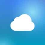 A white cloud icon centered on a blue gradient background symbolizes iCloud Drive offline, with a small Apple logo and the word "Apple" in the lower right corner.