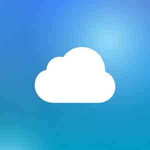 A white cloud icon centered on a blue gradient background symbolizes iCloud Drive offline, with a small Apple logo and the word "Apple" in the lower right corner.
