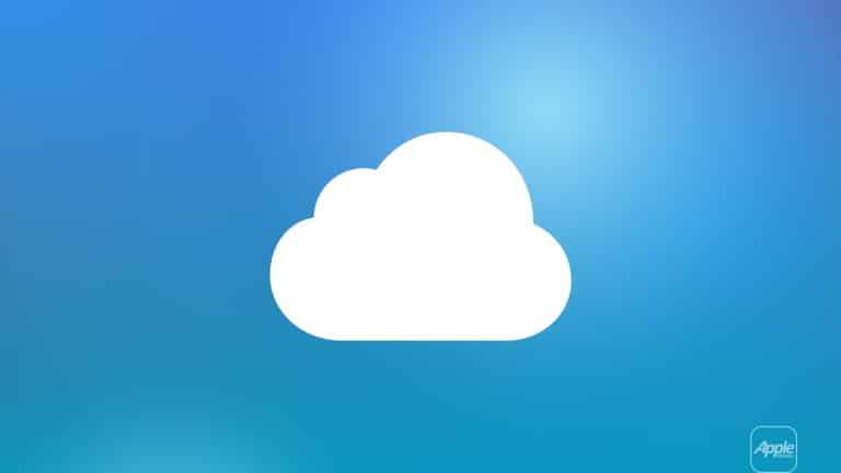 A white cloud icon centered on a blue gradient background symbolizes iCloud Drive offline, with a small Apple logo and the word "Apple" in the lower right corner.