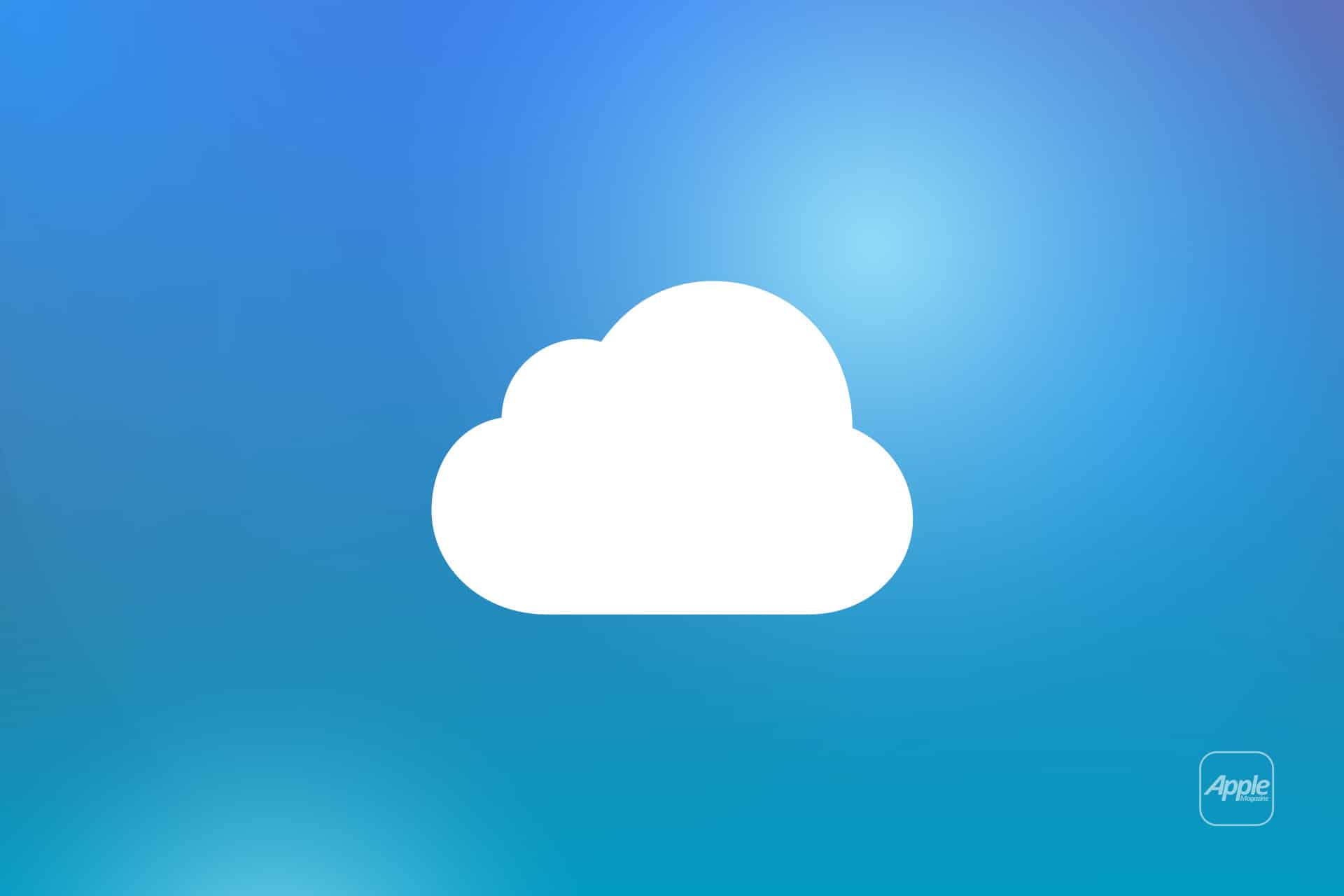 A white cloud icon centered on a blue gradient background symbolizes iCloud Drive offline, with a small Apple logo and the word "Apple" in the lower right corner.