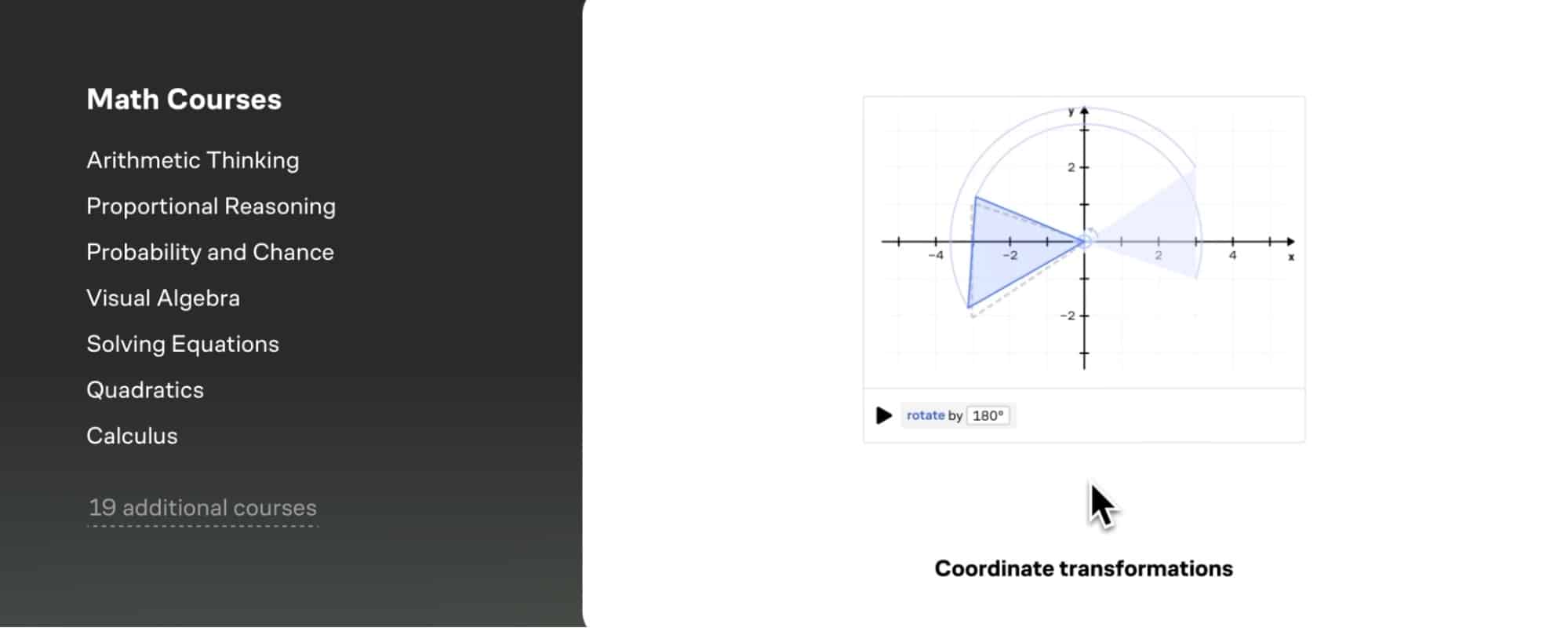 Screenshot from Brilliant displaying a list of math courses on the left and a graph on the right, where shaded semicircles and axes illustrate a 90° rotation transformation. A cursor points to "Coordinate transformations.