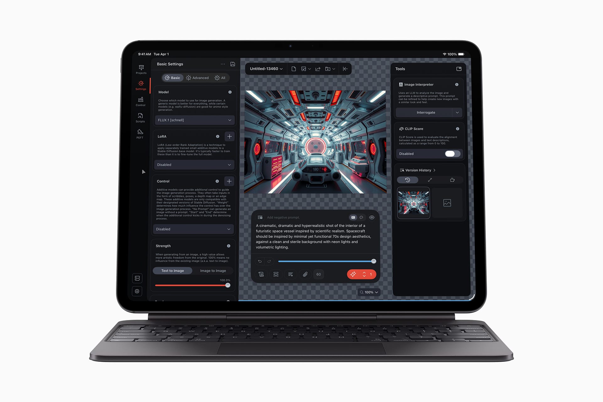 A tablet with a keyboard, powered by Apple silicon fabric, displays a digital art software interface showing a futuristic spaceship interior. Editing tools and settings are visible in side panels surrounding the central artwork.
