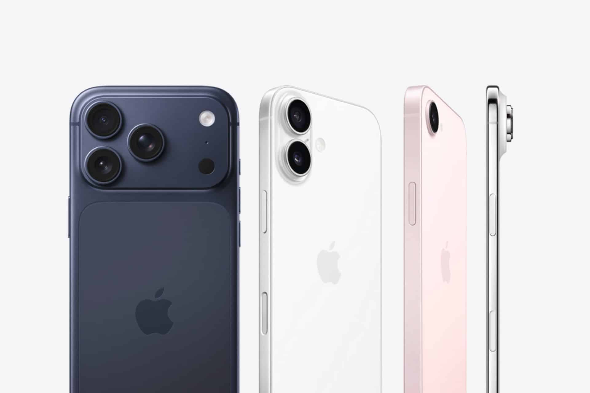Four Apple iPhones in different colors—dark blue, white, pink, and silver—are shown from the back and side, highlighting their camera designs and sleek edges against a light background, alongside the Apple Watch Find Devices feature.