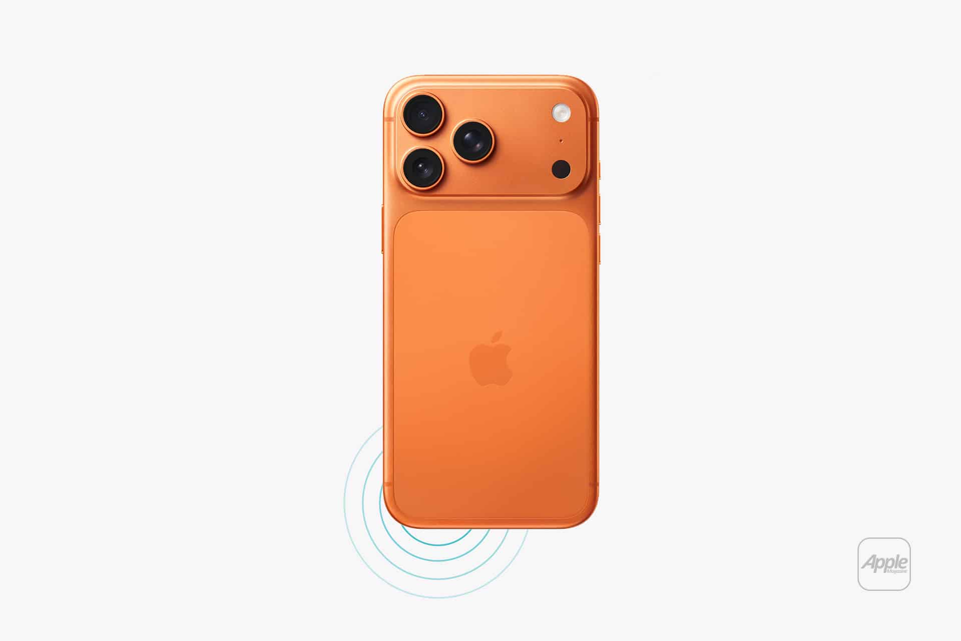 An orange iPhone is shown face down with three camera lenses and the Apple logo visible. Blue concentric circles below the phone suggest wireless charging, while iPhone ringtone custom options elevate your personalization. The Apple logo appears in the bottom right corner.