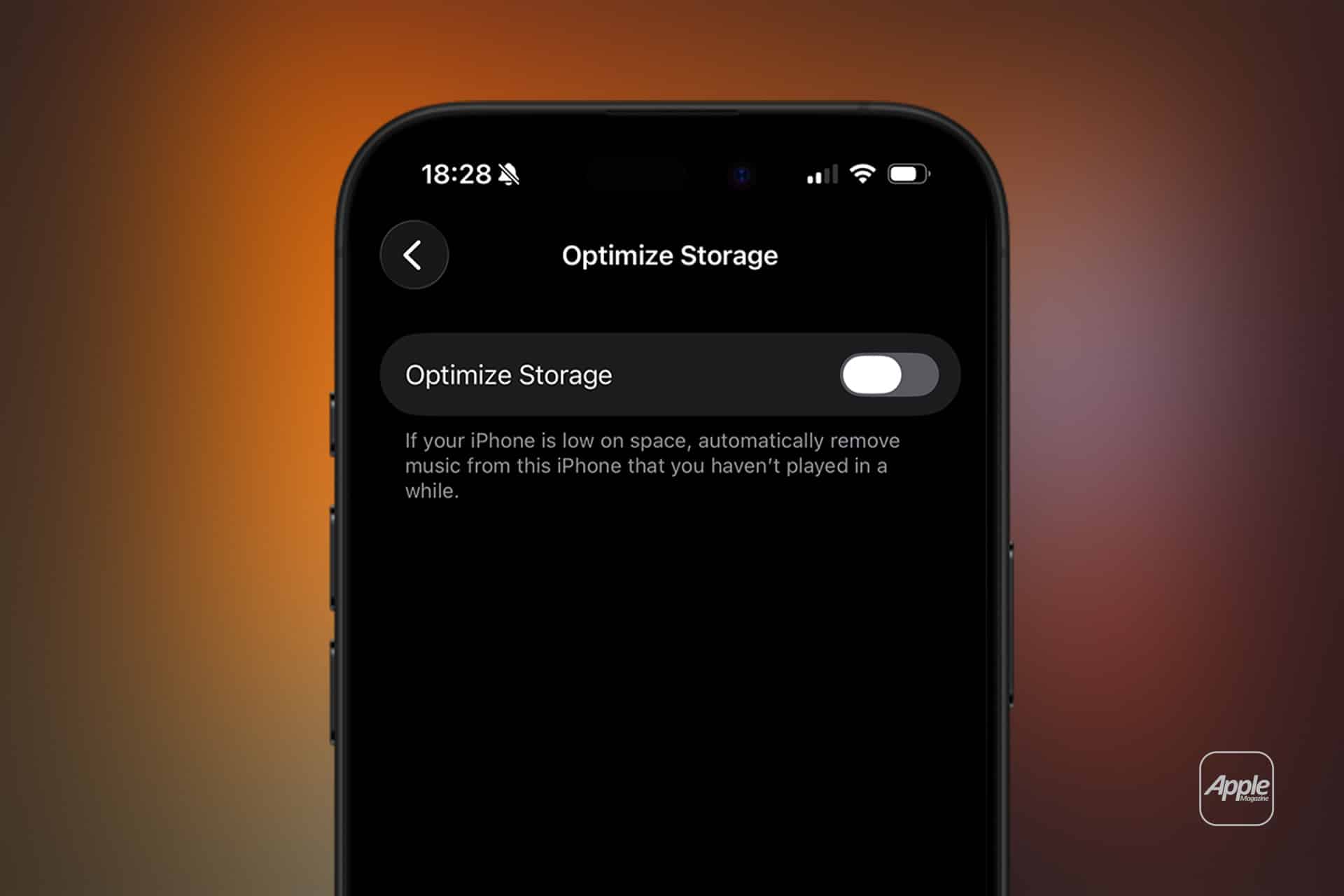 A smartphone screen displays the "Optimize Storage" setting for Apple Music offline, with the toggle switch turned off. The description explains that enabling this will remove unplayed music if the device is low on storage.