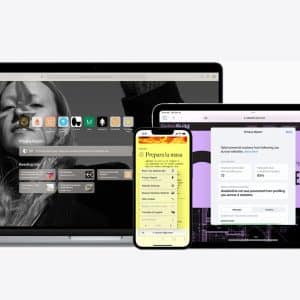 A laptop, tablet, and smartphone display different Apple applications: the laptop shows Safari with Safari Tracking Prevention, the phone features a recipe, and the tablet presents a privacy report and a website.