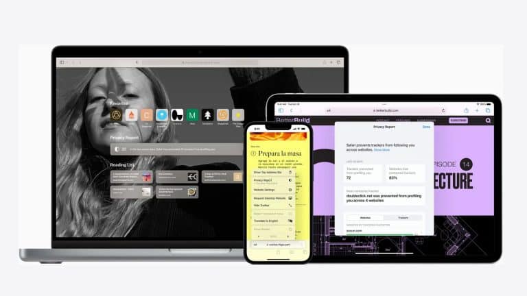 A laptop, tablet, and smartphone display different Apple applications: the laptop shows Safari with Safari Tracking Prevention, the phone features a recipe, and the tablet presents a privacy report and a website.