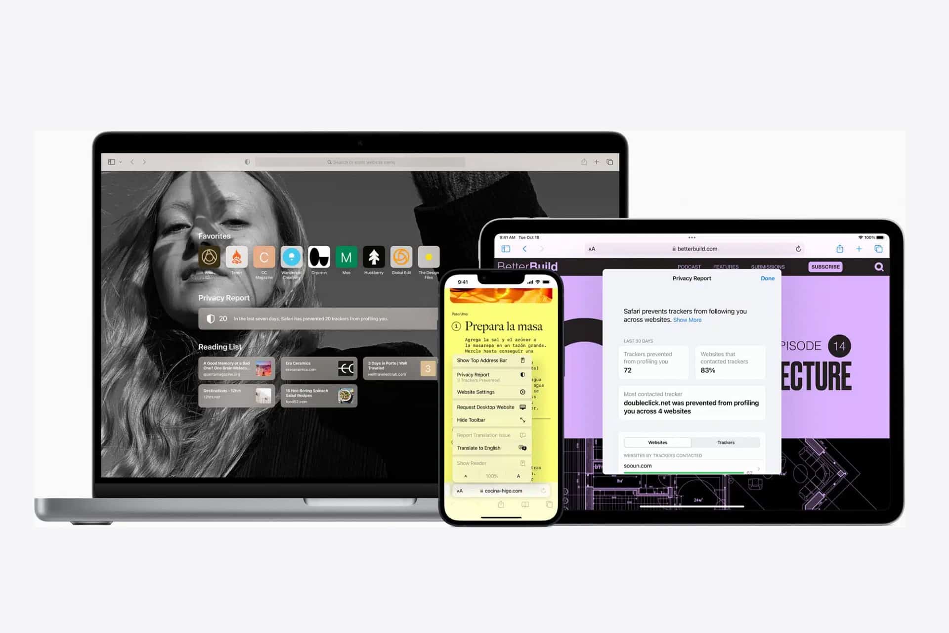 A laptop, tablet, and smartphone display different Apple applications: the laptop shows Safari with Safari Tracking Prevention, the phone features a recipe, and the tablet presents a privacy report and a website.