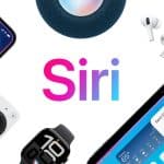 Various Apple devices, including an iPhone, iPad, Apple Watch, AirPods, Apple TV remote, and HomePod, are arranged around the word "Siri" in gradient colors, highlighting Siri offline commands for effortless control without the internet.
