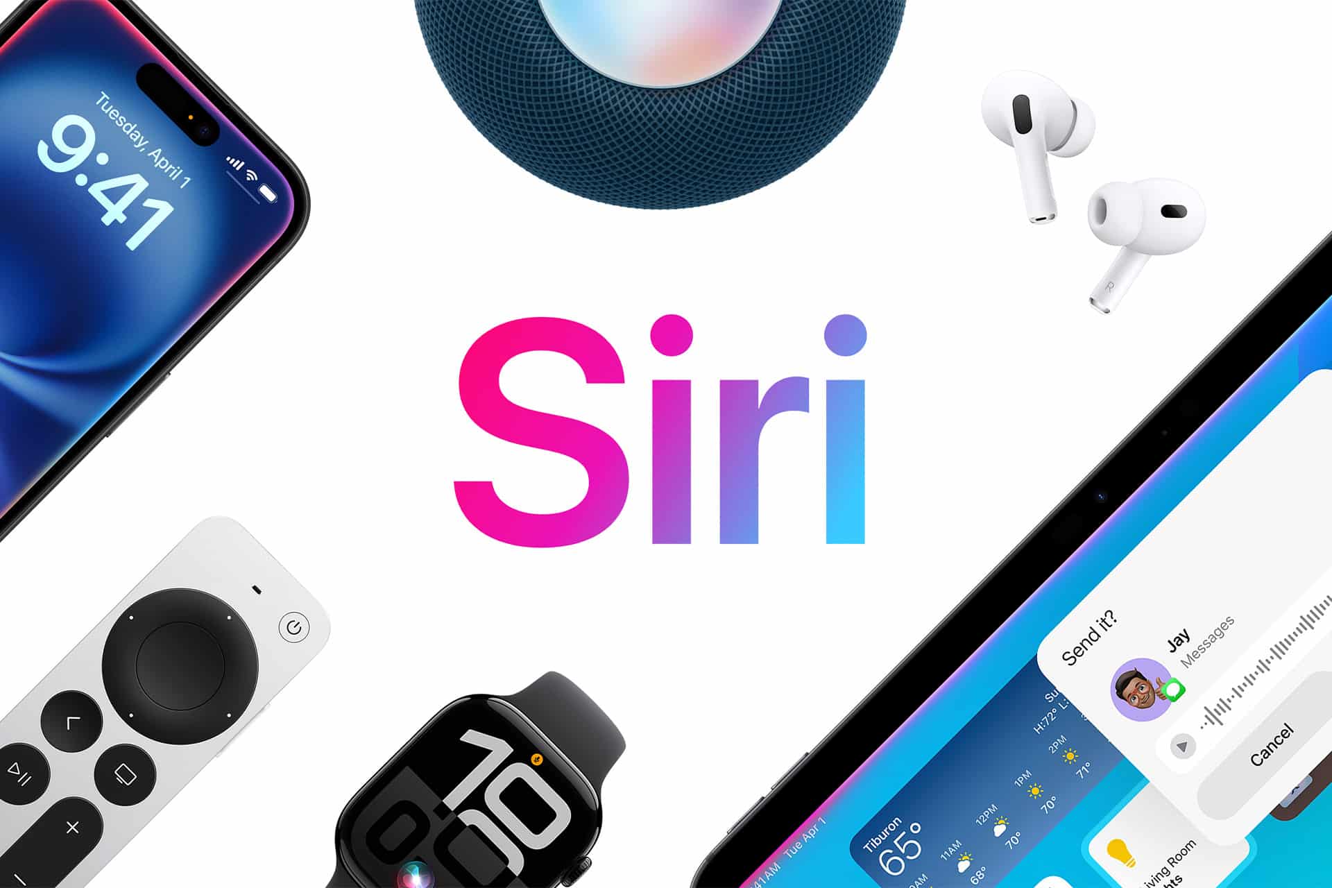 Various Apple devices, including an iPhone, iPad, Apple Watch, AirPods, Apple TV remote, and HomePod, are arranged around the word "Siri" in gradient colors, highlighting Siri offline commands for effortless control without the internet.