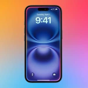 A smartphone with a colorful blue and purple abstract wallpaper is displayed against a vibrant rainbow gradient background. The screen shows the time 9:41 and the date Tuesday, April 1, highlighting Offline Siri capabilities. An Apple logo appears below.
