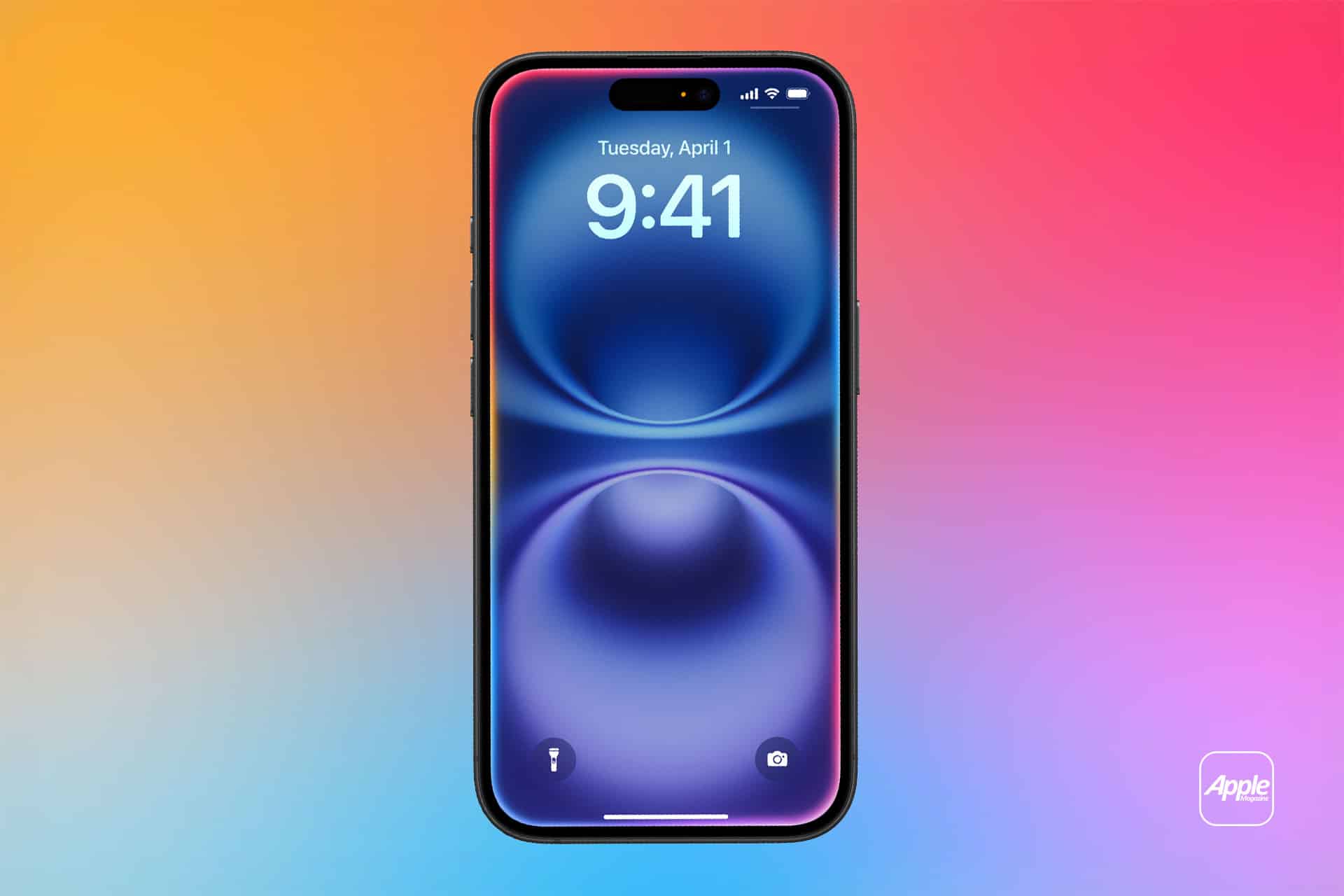 A smartphone with a colorful blue and purple abstract wallpaper is displayed against a vibrant rainbow gradient background. The screen shows the time 9:41 and the date Tuesday, April 1, highlighting Offline Siri capabilities. An Apple logo appears below.