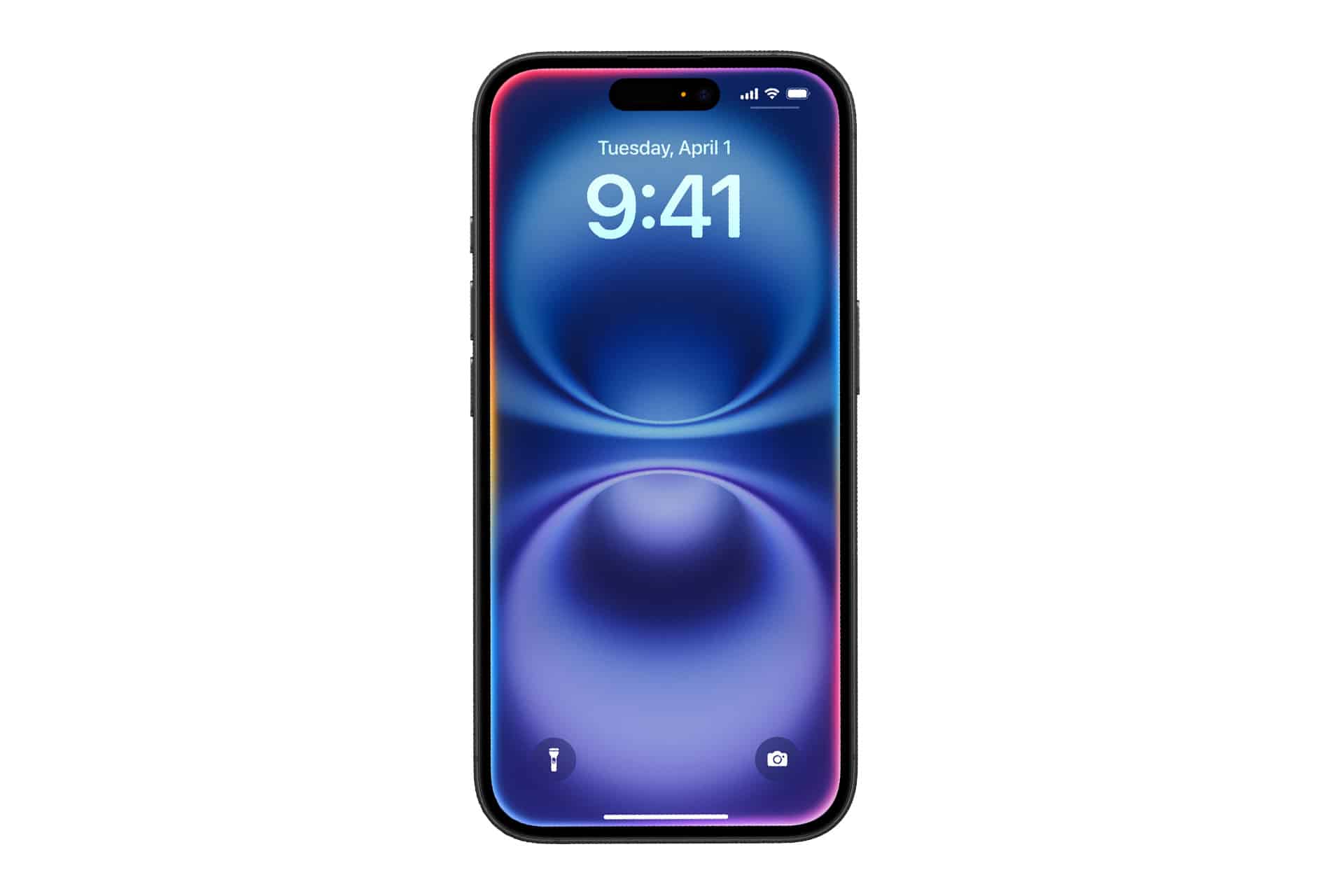 A smartphone displaying a vibrant blue and purple abstract wallpaper, with the time 9:41 and date Tuesday, April 1 on screen. Lock and camera icons are visible at the bottom, highlighting support for Siri offline commands.
