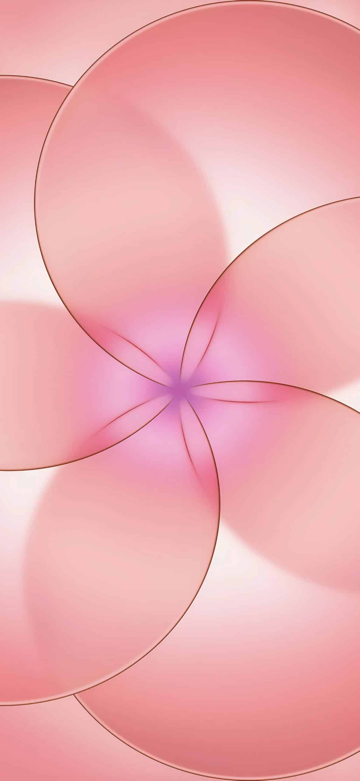 iPhone 17e wallpaper - Abstract image featuring overlapping, translucent pink petals radiating from a soft purple center, creating a symmetrical, flower-like pattern with gentle gradients and smooth curves.