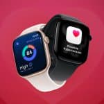Two smartwatches overlap on a red heart background; one displays a sleep score of 84, while the other shows a heart icon with a "Possible Hypertension" alert—highlighting Apple Watch recovery features. The Apple logo appears in the lower right corner.