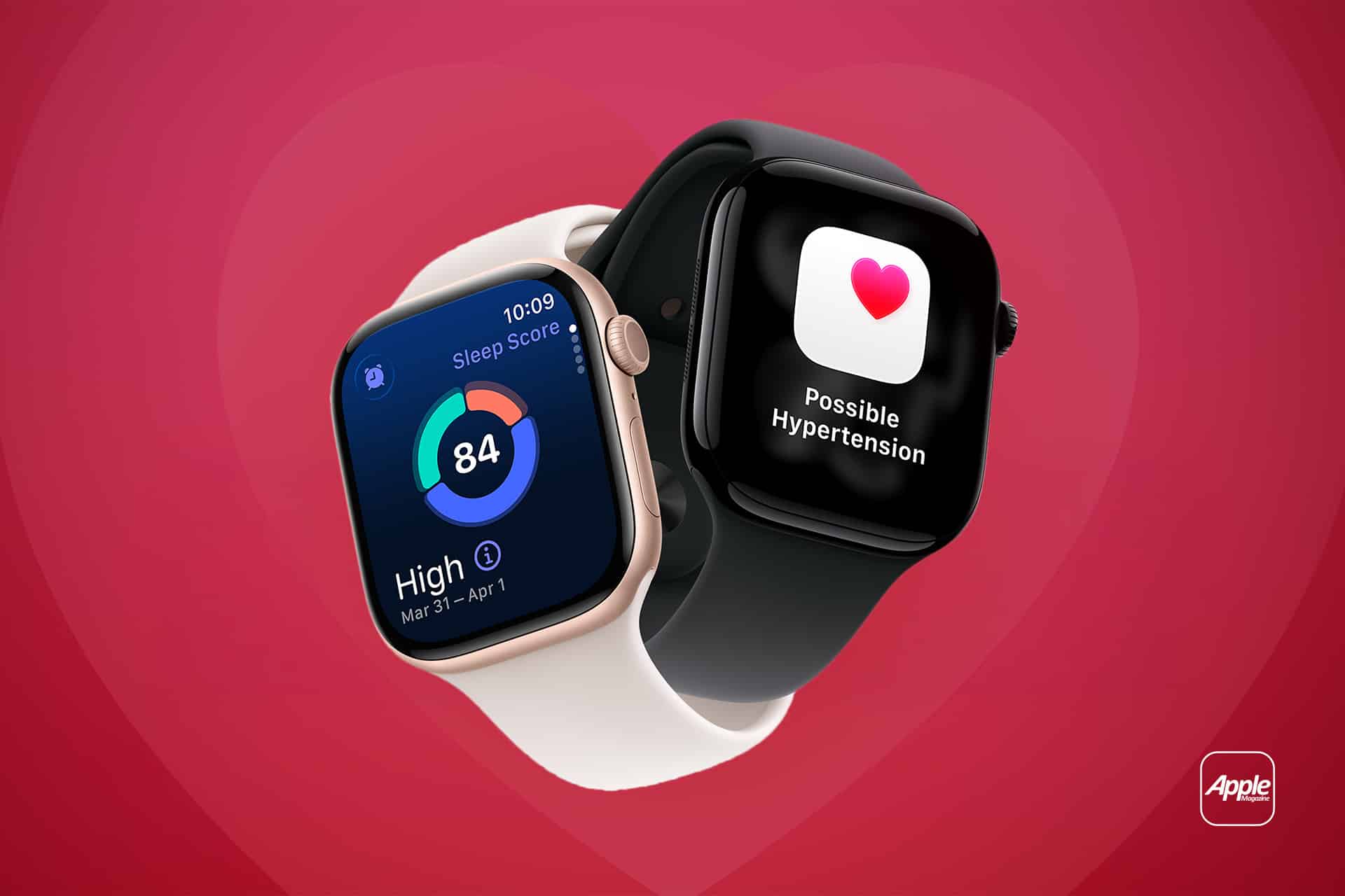 Two smartwatches overlap on a red heart background; one displays a sleep score of 84, while the other shows a heart icon with a "Possible Hypertension" alert—highlighting Apple Watch recovery features. The Apple logo appears in the lower right corner.