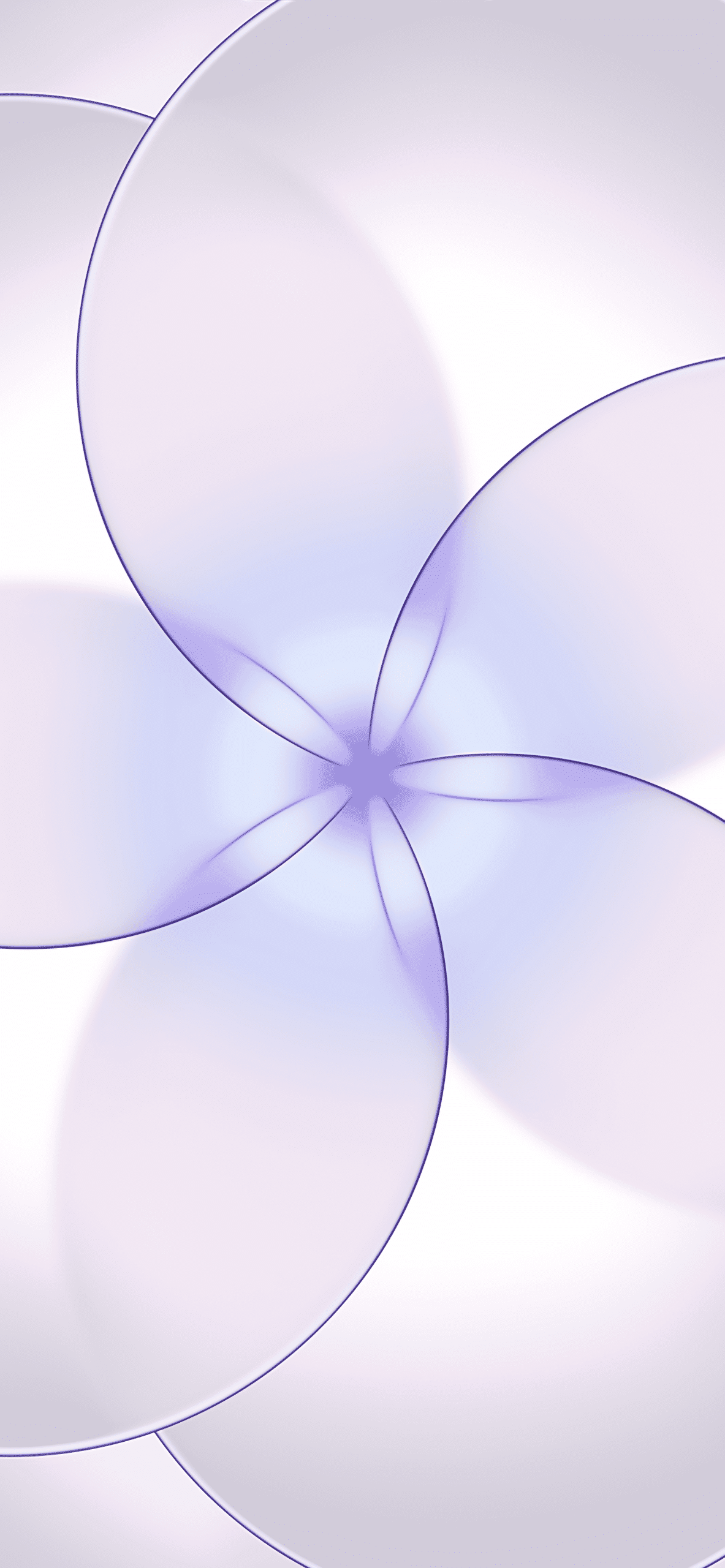 iPhone 17e wallpaper - Abstract digital art with soft, overlapping translucent shapes in shades of purple and white, creating a floral or pinwheel pattern with a glowing center and smooth gradients.
