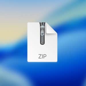 A digital illustration of a ZIP file icon with a zipper graphic and the text "ZIP," set against a blue and yellow gradient background, highlights Mac File Compression with an Apple logo in the lower right corner.