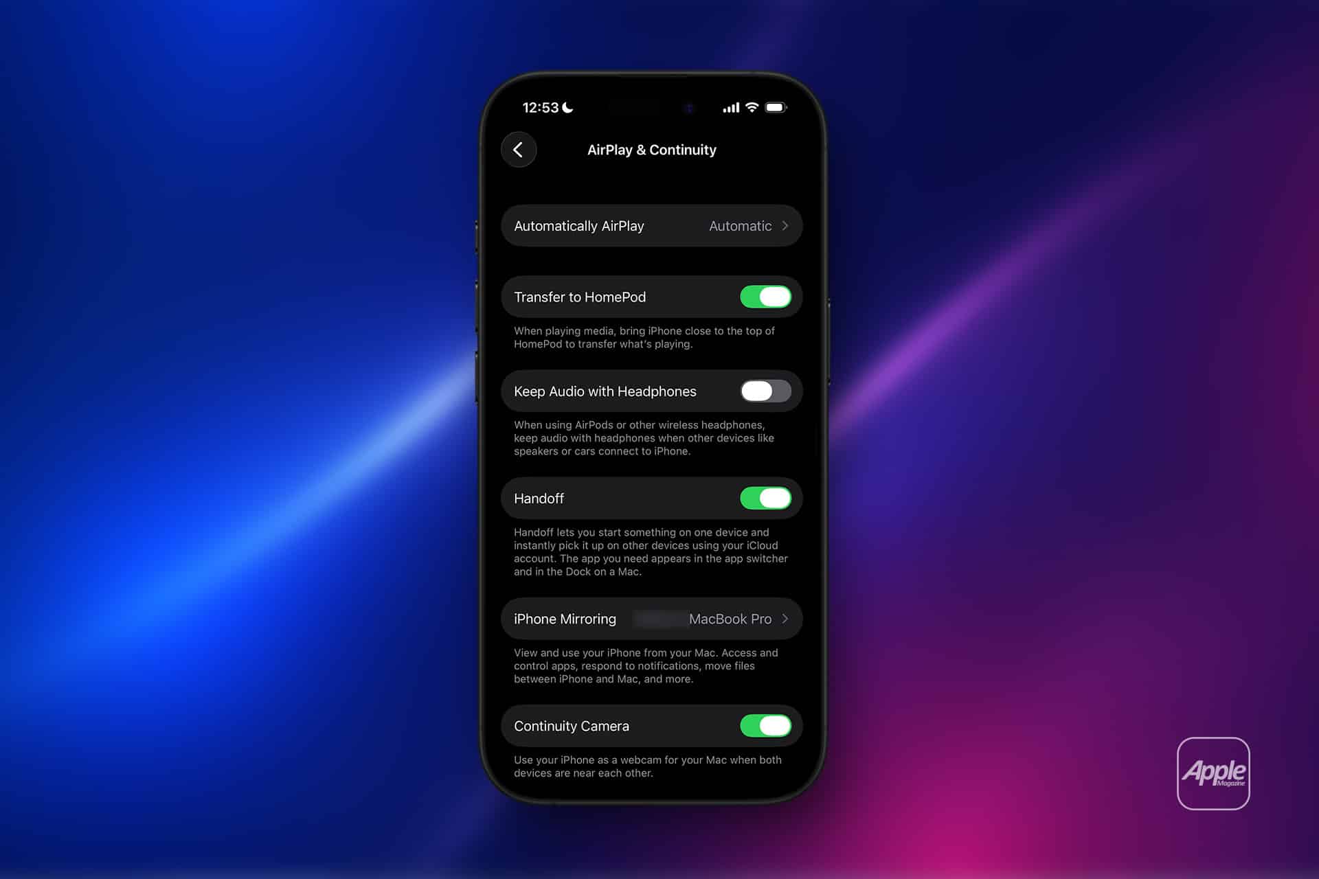 An iPhone displaying the AirPlay & Continuity settings screen, featuring options like AirPlay, Handoff, Continuity Camera, and Apple Music Sync, against a blue and purple gradient background with an Apple logo in the corner.