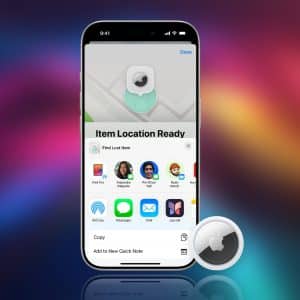 A smartphone displays the Apple Find My app, showing "Item Location Ready" with sharing options below. An Apple AirTag, featuring AirTag Safety, is shown near the phone against a colorful gradient background with an Apple logo.
