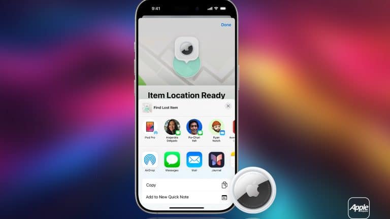 A smartphone displays the Apple Find My app, showing "Item Location Ready" with sharing options below. An Apple AirTag, featuring AirTag Safety, is shown near the phone against a colorful gradient background with an Apple logo.