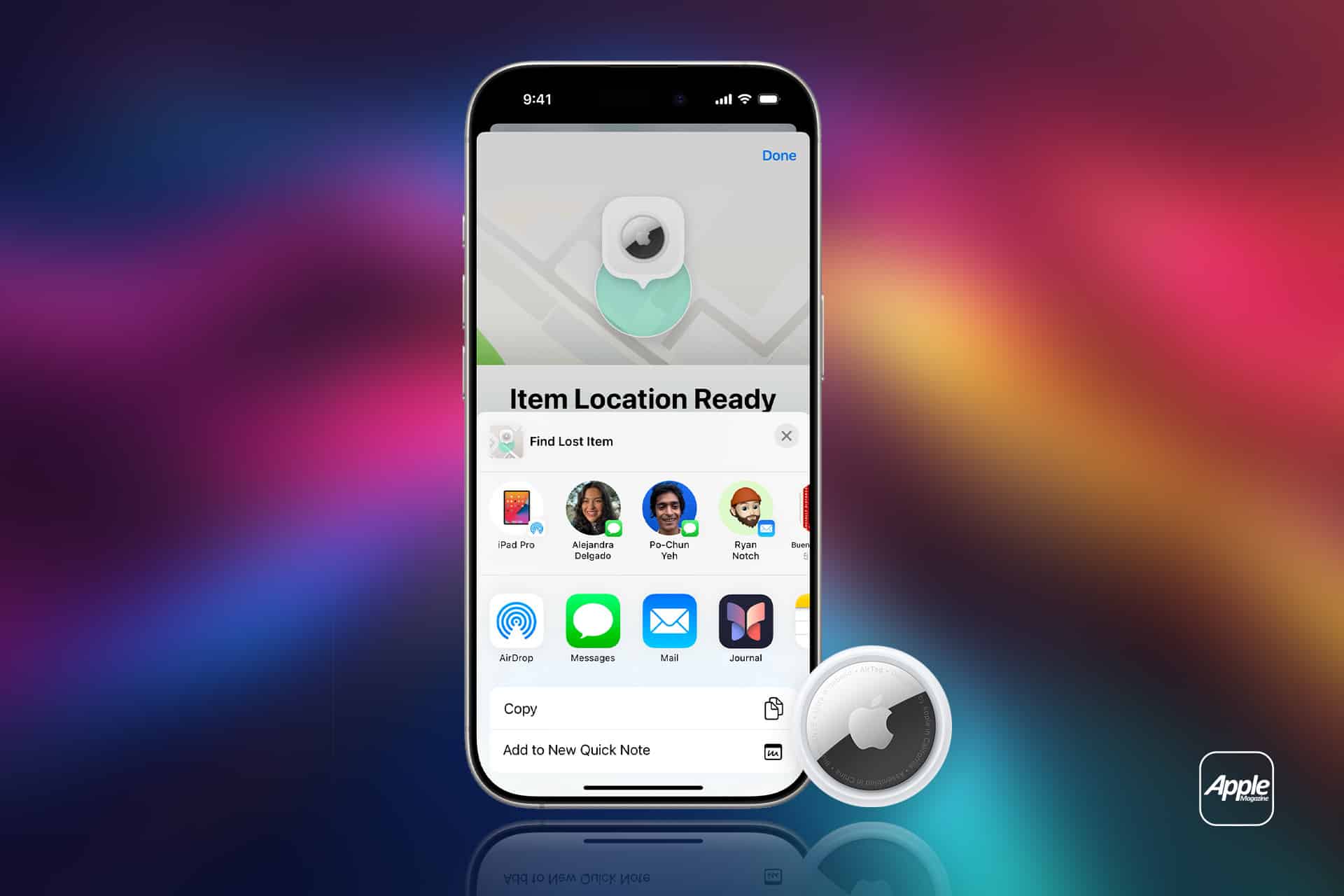 A smartphone displays the Apple Find My app, showing "Item Location Ready" with sharing options below. An Apple AirTag, featuring AirTag Safety, is shown near the phone against a colorful gradient background with an Apple logo.