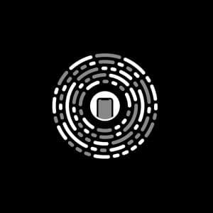 A circular, white and gray patterned code with a square icon in the center appears on a black background, indicating an iOS app clip. In the bottom right corner, a small rounded rectangle with the Apple logo inside is visible.