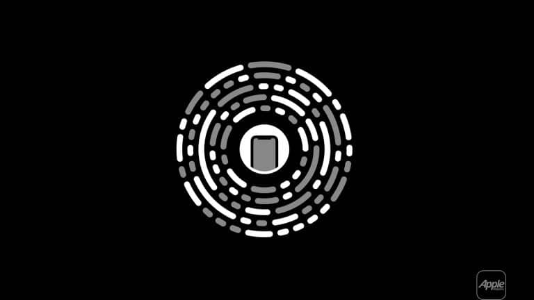 A circular, white and gray patterned code with a square icon in the center appears on a black background, indicating an iOS app clip. In the bottom right corner, a small rounded rectangle with the Apple logo inside is visible.