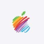 A stylized apple shape, inspired by a Tim Cook letter, is drawn with crayon-like strokes in rainbow colors—green, yellow, orange, red, purple, and blue—on a white background.