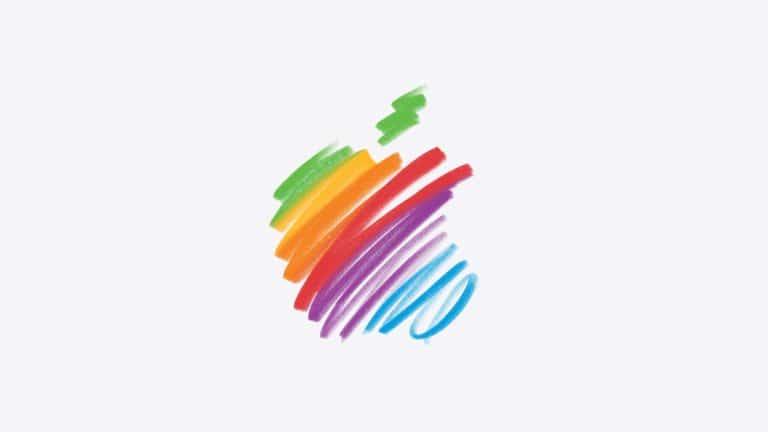 A stylized apple shape, inspired by a Tim Cook letter, is drawn with crayon-like strokes in rainbow colors—green, yellow, orange, red, purple, and blue—on a white background.