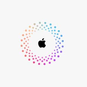 A black Apple logo is centered inside a circle of small, gradient-colored dots transitioning from orange to pink to blue on a white background, often used to warn users about an Apple Account scam.