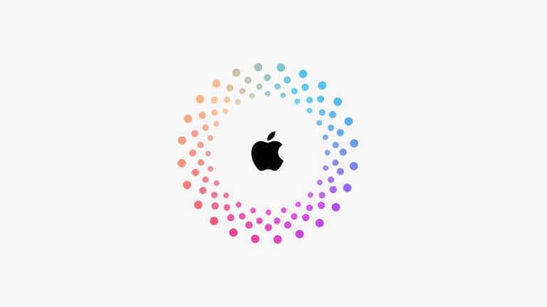 A black Apple logo is centered inside a circle of small, gradient-colored dots transitioning from orange to pink to blue on a white background, often used to warn users about an Apple Account scam.