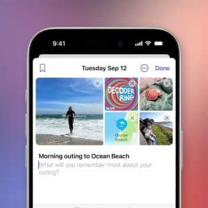A smartphone screen displays the Apple Journal app with photos and notes. The entry titled "Morning outing to Ocean Beach" features images of the beach, a podcast, food, and nature. The date at the top reads Tuesday, Sep 12.
