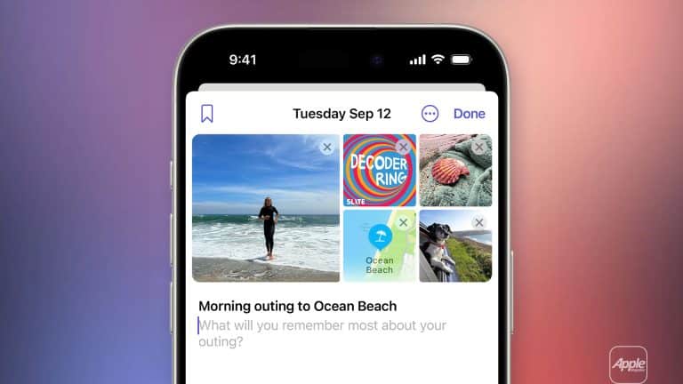 A smartphone screen displays the Apple Journal app with photos and notes. The entry titled "Morning outing to Ocean Beach" features images of the beach, a podcast, food, and nature. The date at the top reads Tuesday, Sep 12.